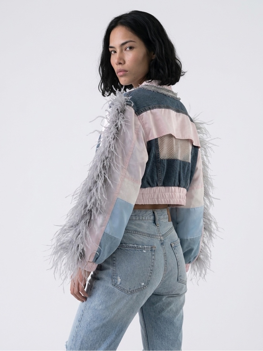 Next Level Apparel Mixed Denim &  Fur Bomber Jacket in Light Gray and Blue - Picture 6 of 8